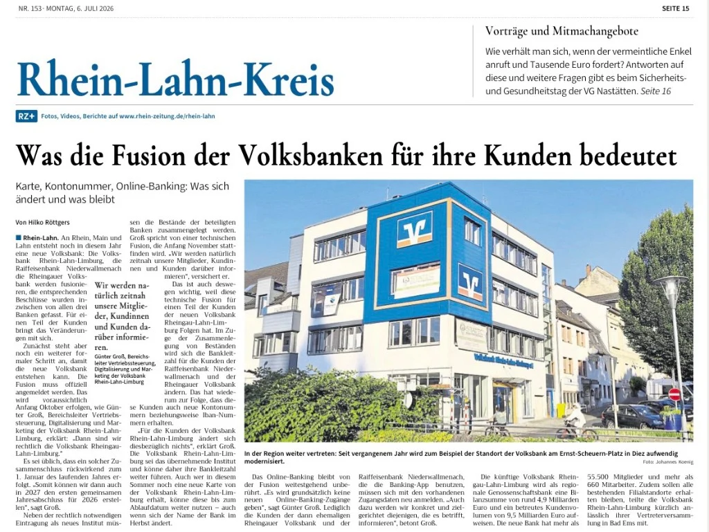 Zeitungsseite der Rhein-Zeitung vom 6. Juli 2026 zum Thema Fusion der Volksbanken